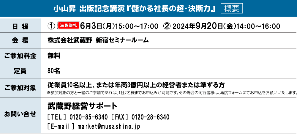 小山昇 出版記念講演「儲かる社長の超・決断力」概要