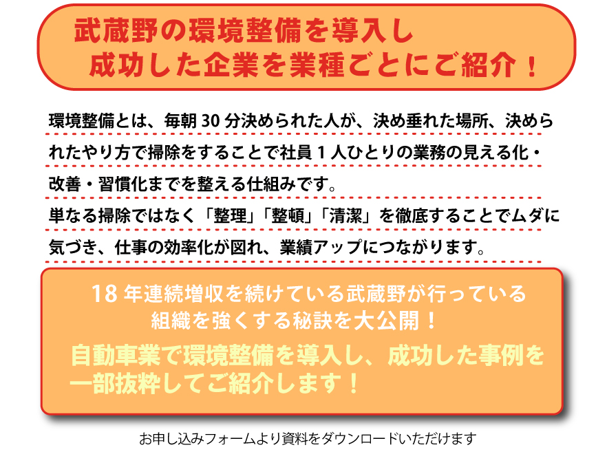 武蔵野の環境整備を導入し、成功した企業を業種ごとにご紹介！