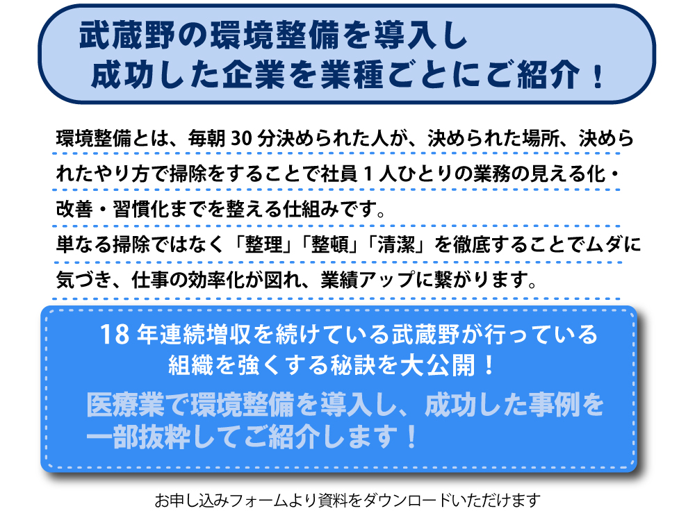 武蔵野の環境整備を導入し、成功した企業を業種ごとにご紹介！